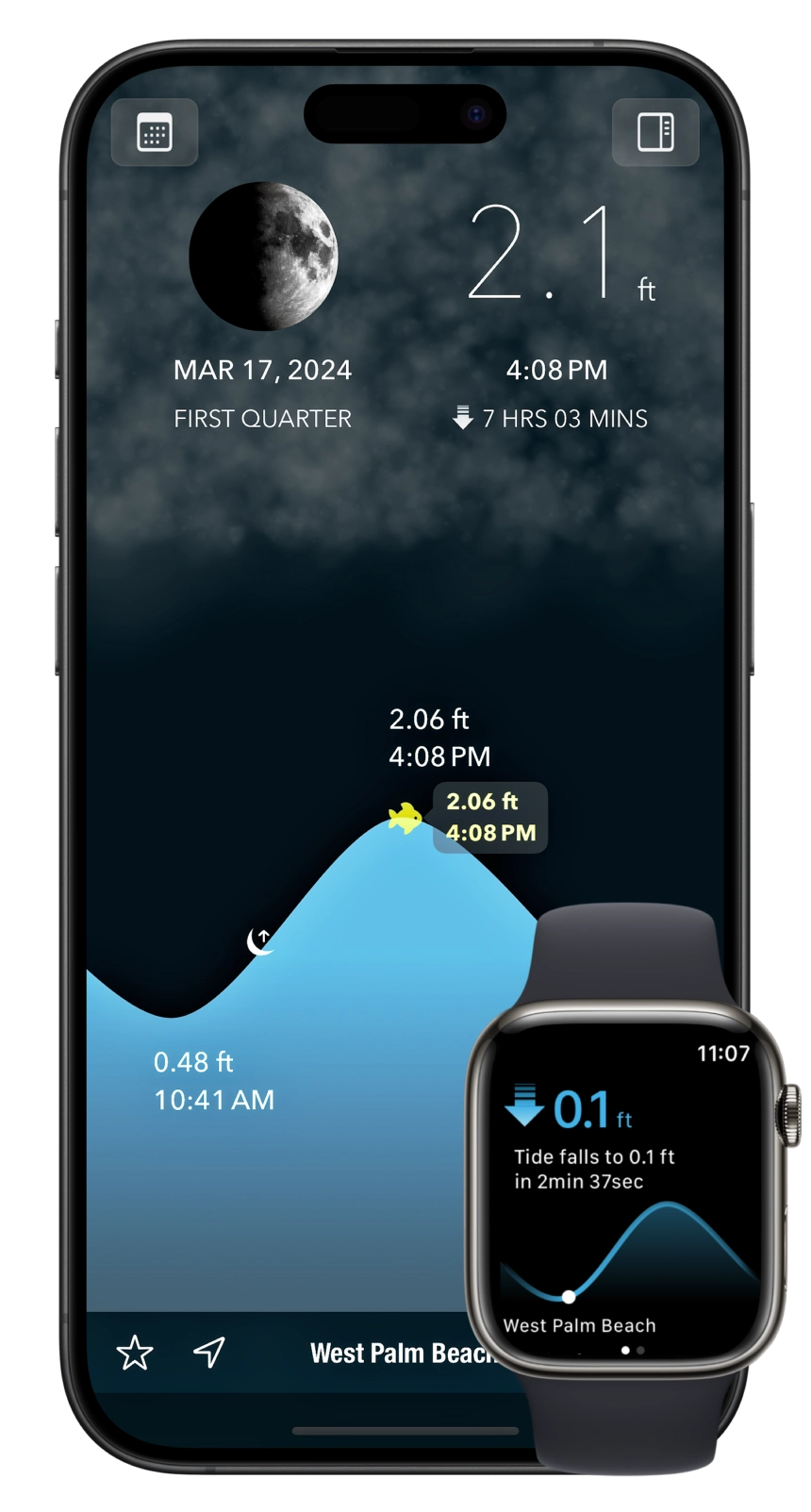 Tide Alert UK app showing tide chart on iPhone and Apple Watch